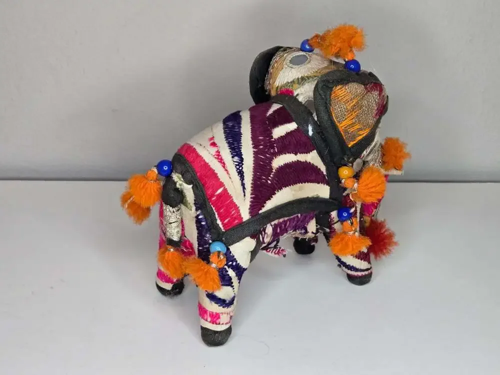 Vintage Handcrafted Indian Folk Art Patchwork Embroidered Beaded Elephant Figure